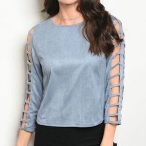 Indigo Strappy Faux Micro Suede Open Sleeve Zipper Back Edgy Top Size S NEW